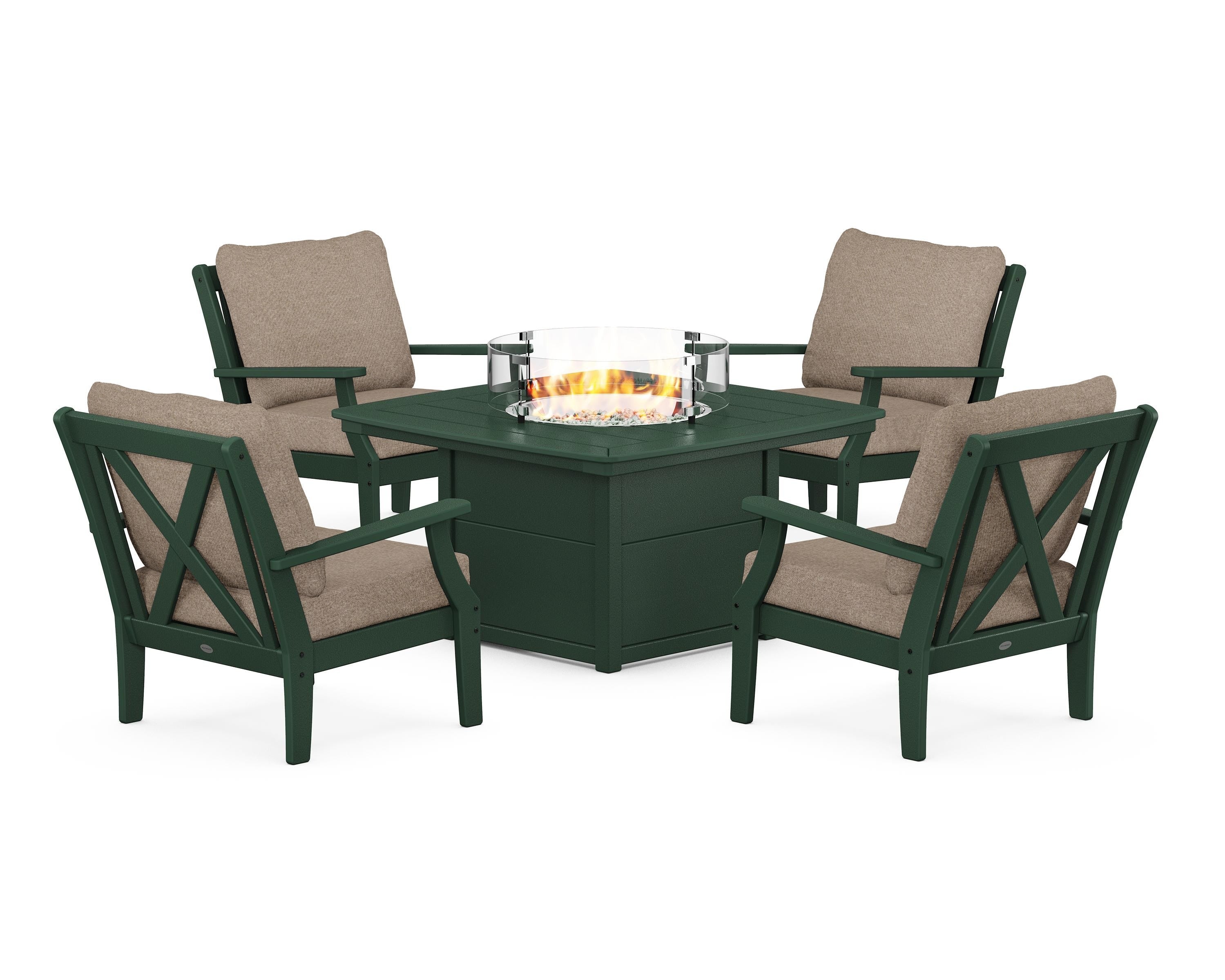 POLYWOOD® Braxton 5-Piece Deep Seating Conversation Set with Fire Pit Table in Green / Spiced Burlap