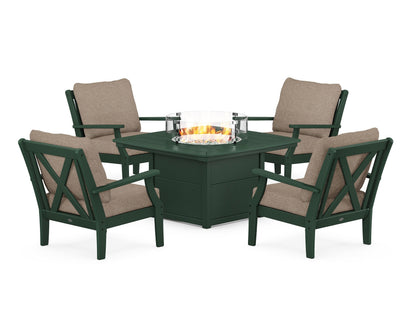 POLYWOOD® Braxton 5-Piece Deep Seating Conversation Set with Fire Pit Table in Green / Spiced Burlap