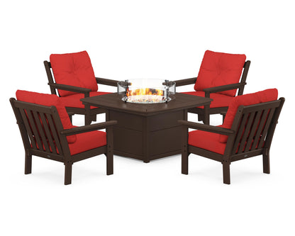 POLYWOOD® Vineyard 5-Piece Conversation Set with Fire Pit Table in Mahogany / Crimson Linen