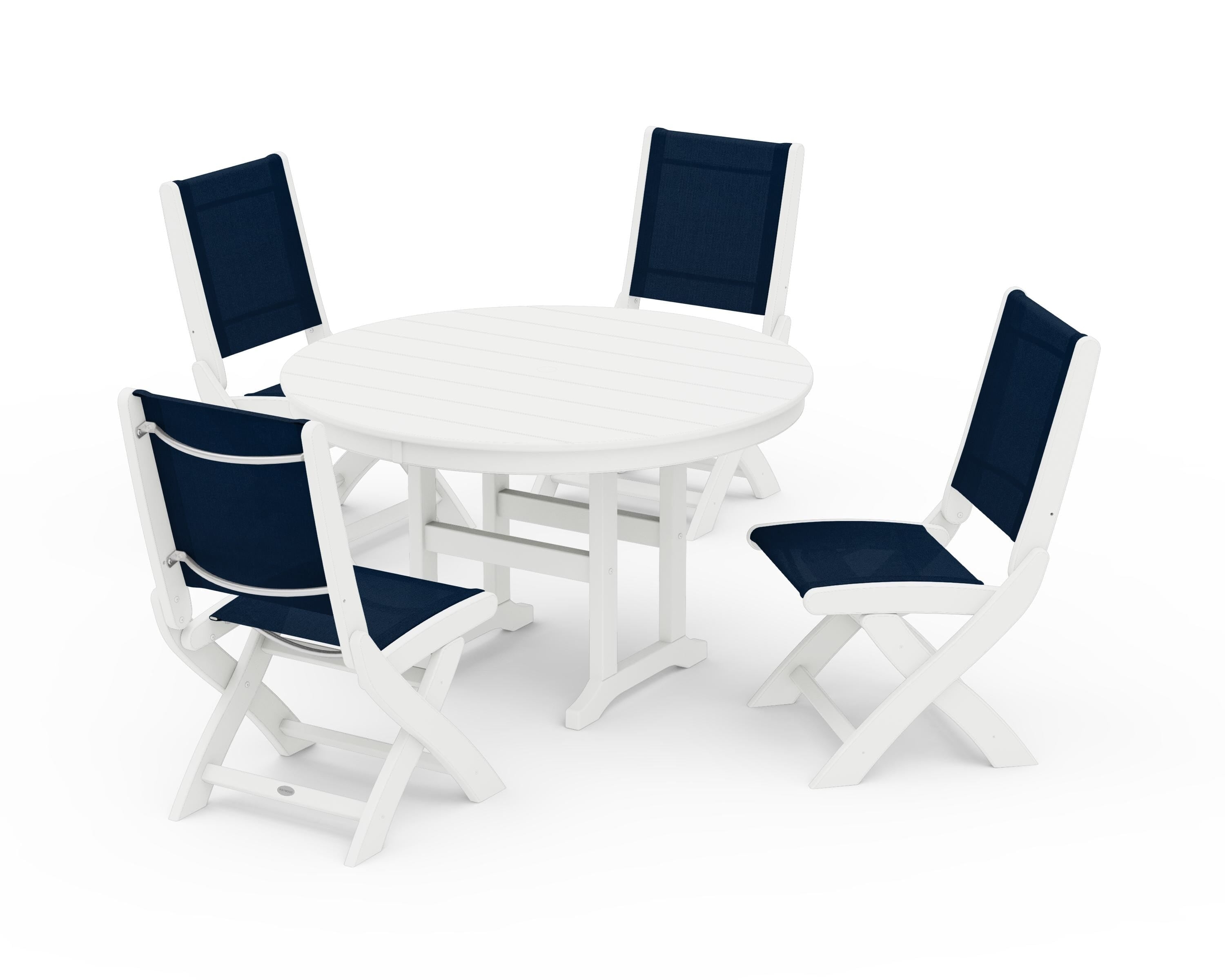 POLYWOOD® Coastal Folding Side Chair 5-Piece Round Dining Set in White / Navy Blue Sling