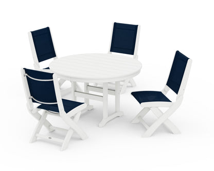 POLYWOOD® Coastal Folding Side Chair 5-Piece Round Dining Set in White / Navy Blue Sling