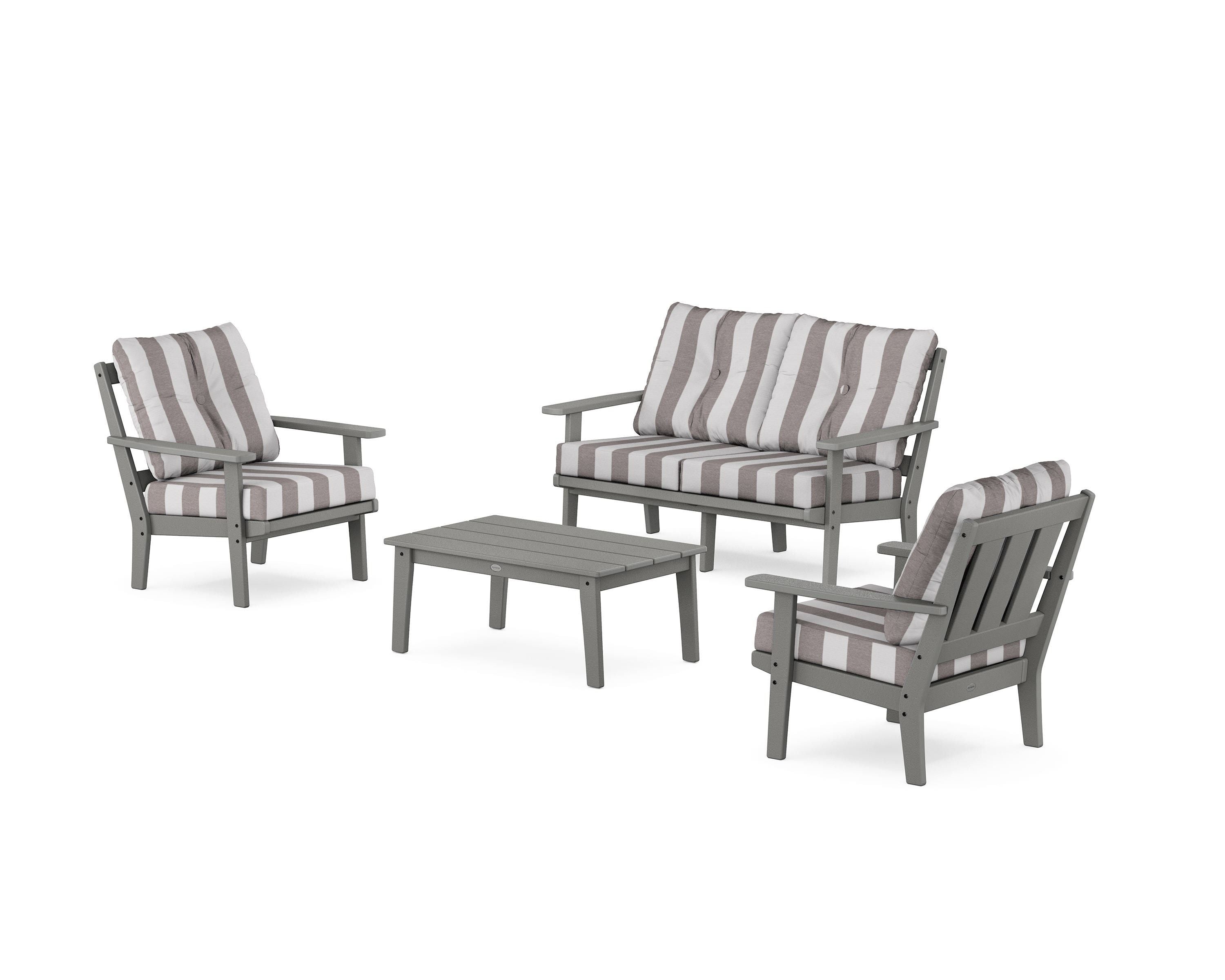 POLYWOOD® Oxford 4-Piece Deep Seating Set with Loveseat in Slate Grey / Cabana Stripe Grey Mist