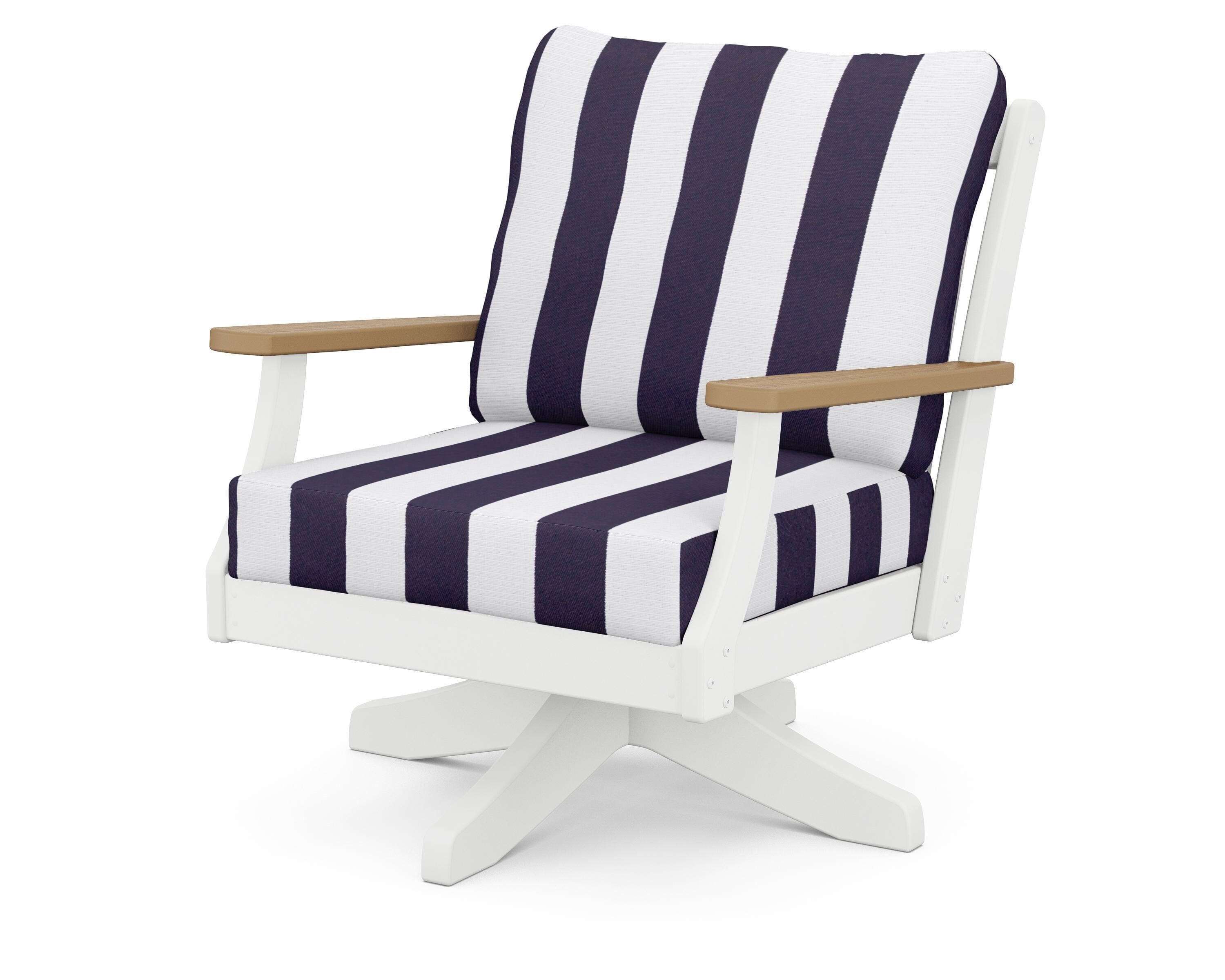 POLYWOOD® Braxton Deep Seating Swivel Chair in White / Natural / Cabana Stripe Navy