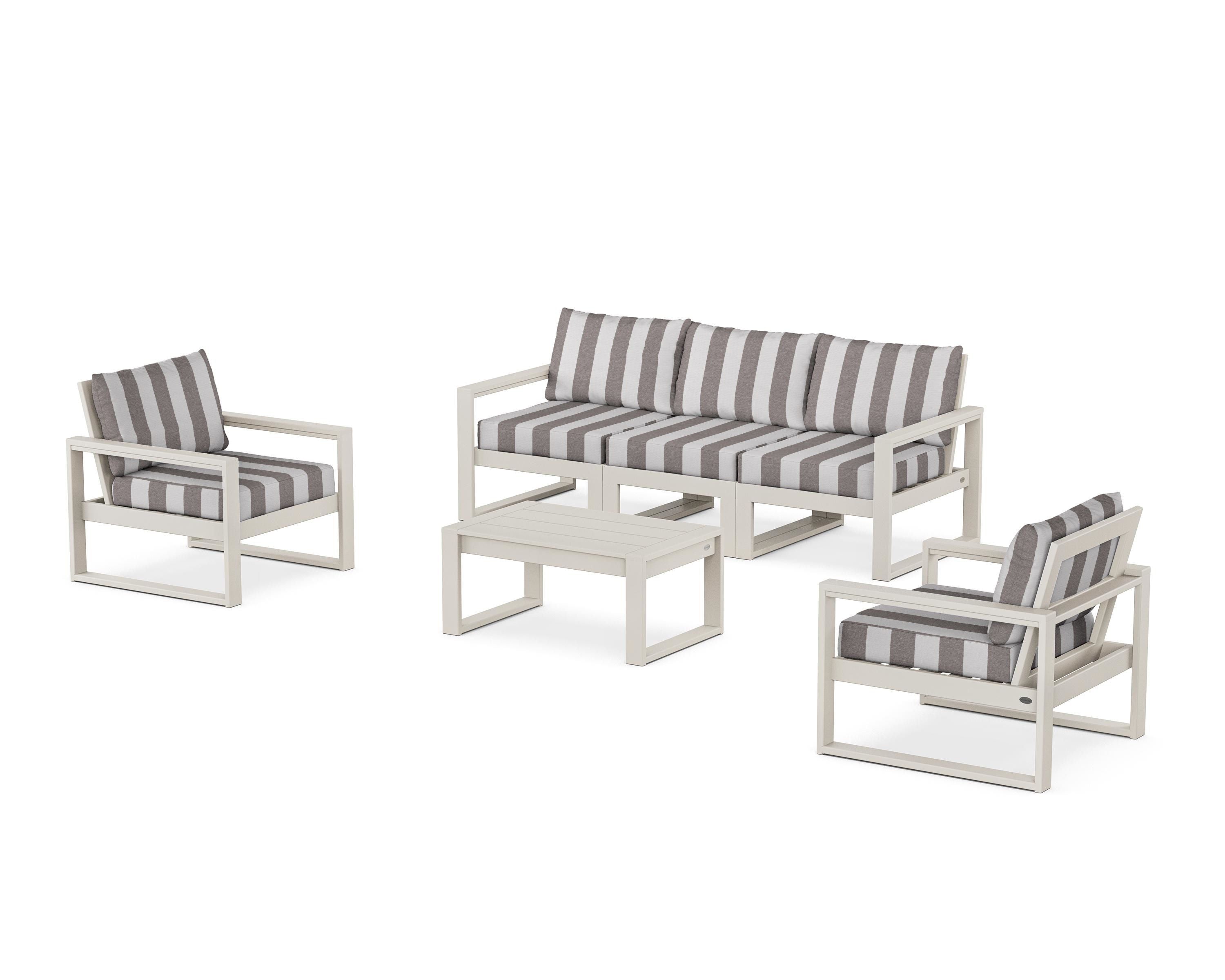 POLYWOOD® EDGE Sectional 4-Piece Deep Seating Set with Sofa in Sand / Cabana Stripe Grey Mist