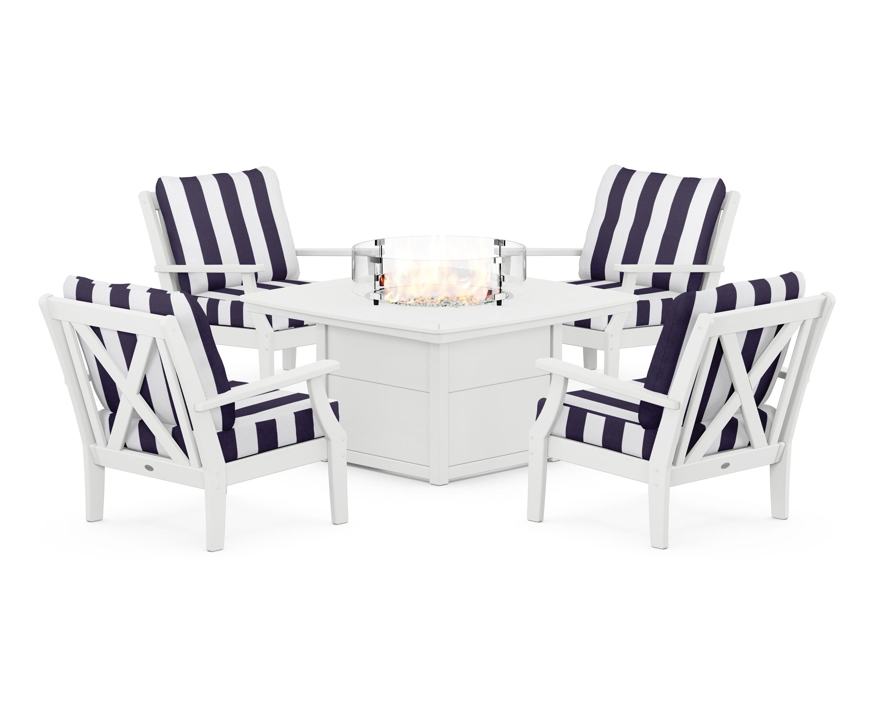 POLYWOOD® Braxton 5-Piece Deep Seating Conversation Set with Fire Pit Table in White / Cabana Stripe Navy