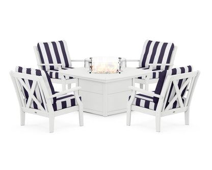 POLYWOOD® Braxton 5-Piece Deep Seating Conversation Set with Fire Pit Table in White / Cabana Stripe Navy