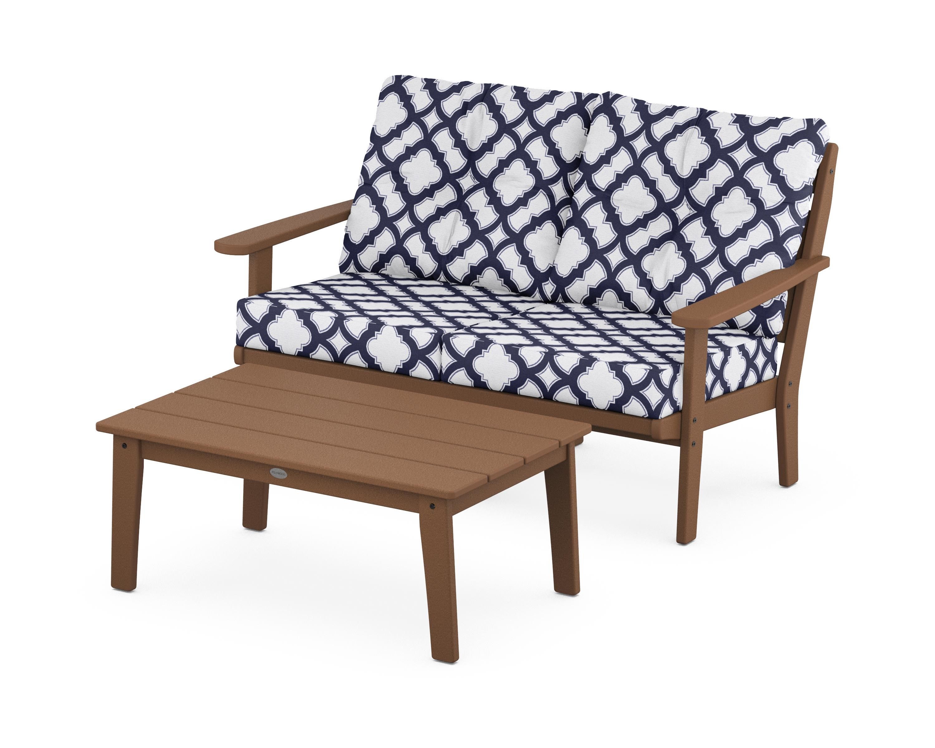 POLYWOOD® Lakeside 2-Piece Lounge Loveseat Set in Teak / Trellis Navy