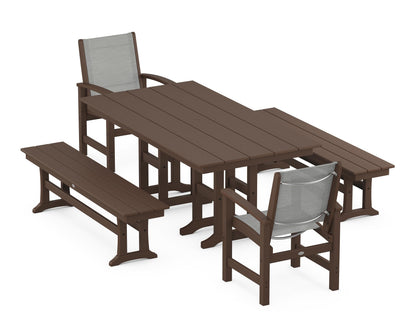 POLYWOOD® Coastal 5-Piece Farmhouse Dining Set in Mahogany / Metallic Sling