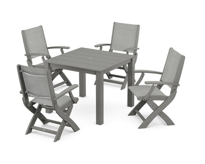 POLYWOOD® Coastal Folding Chair 5-Piece Parsons Dining Set in Slate Grey / Metallic Sling