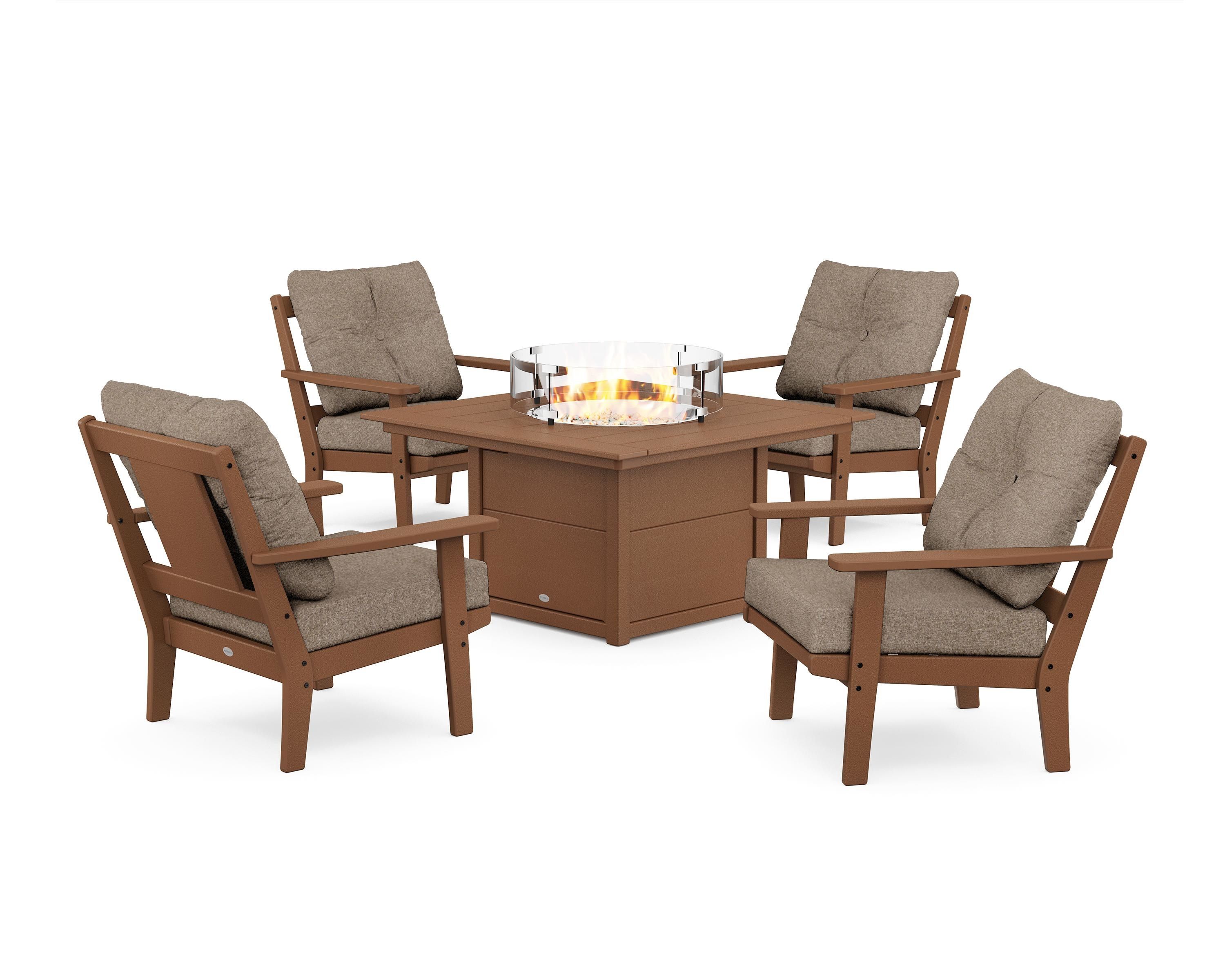 POLYWOOD® Prairie 5-Piece Deep Seating Set with Fire Pit Table in Teak / Spiced Burlap