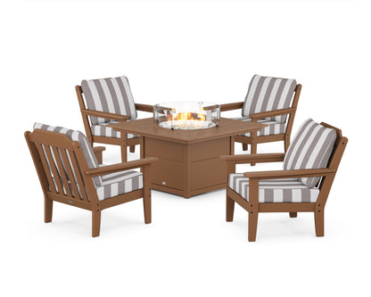 Country Living Cottage 5-Piece Deep Seating Set with Fire Pit Table in Teak / Cabana Stripe Grey Mist