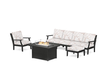 POLYWOOD® Braxton Sectional Lounge and Fire Pit Set in Black / Leaf Dune Burlap