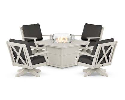 POLYWOOD® Braxton 5-Piece Deep Seating Swivel Conversation Set with Fire Pit Table in Sand / Spectrum Carbon