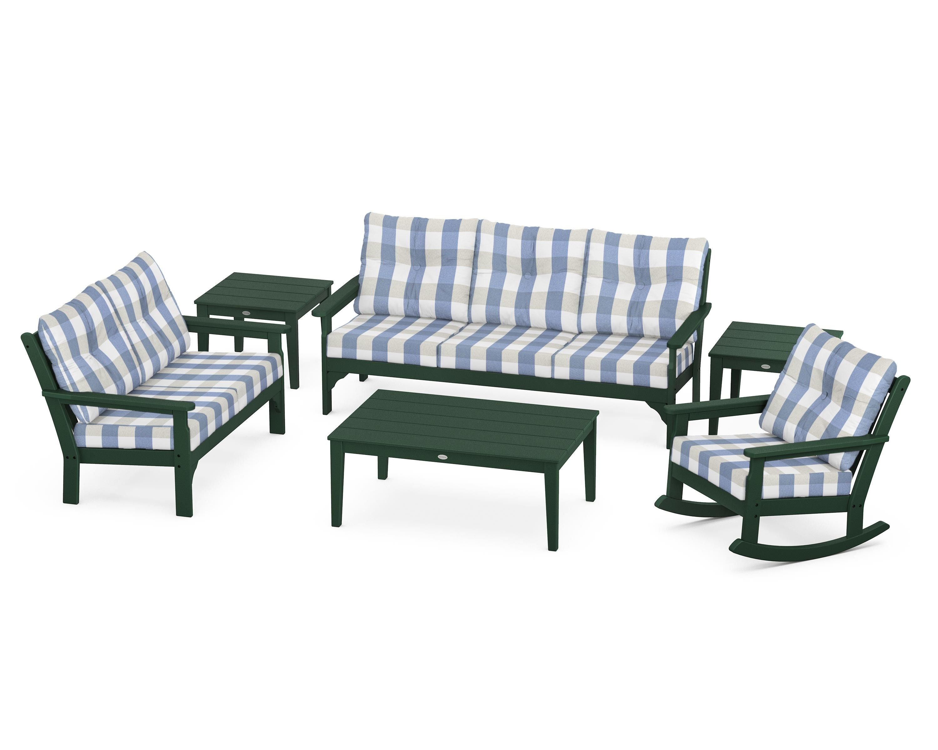 POLYWOOD® Vineyard 6-Piece Deep Seating Set in Green / Buffalo Plaid Sky Blue