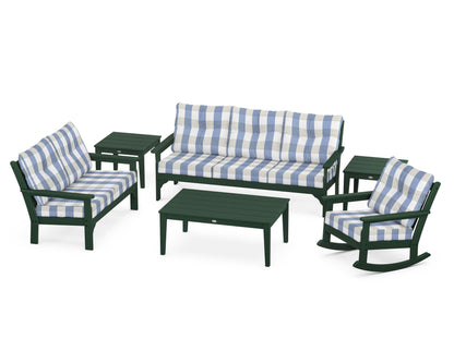 POLYWOOD® Vineyard 6-Piece Deep Seating Set in Green / Buffalo Plaid Sky Blue