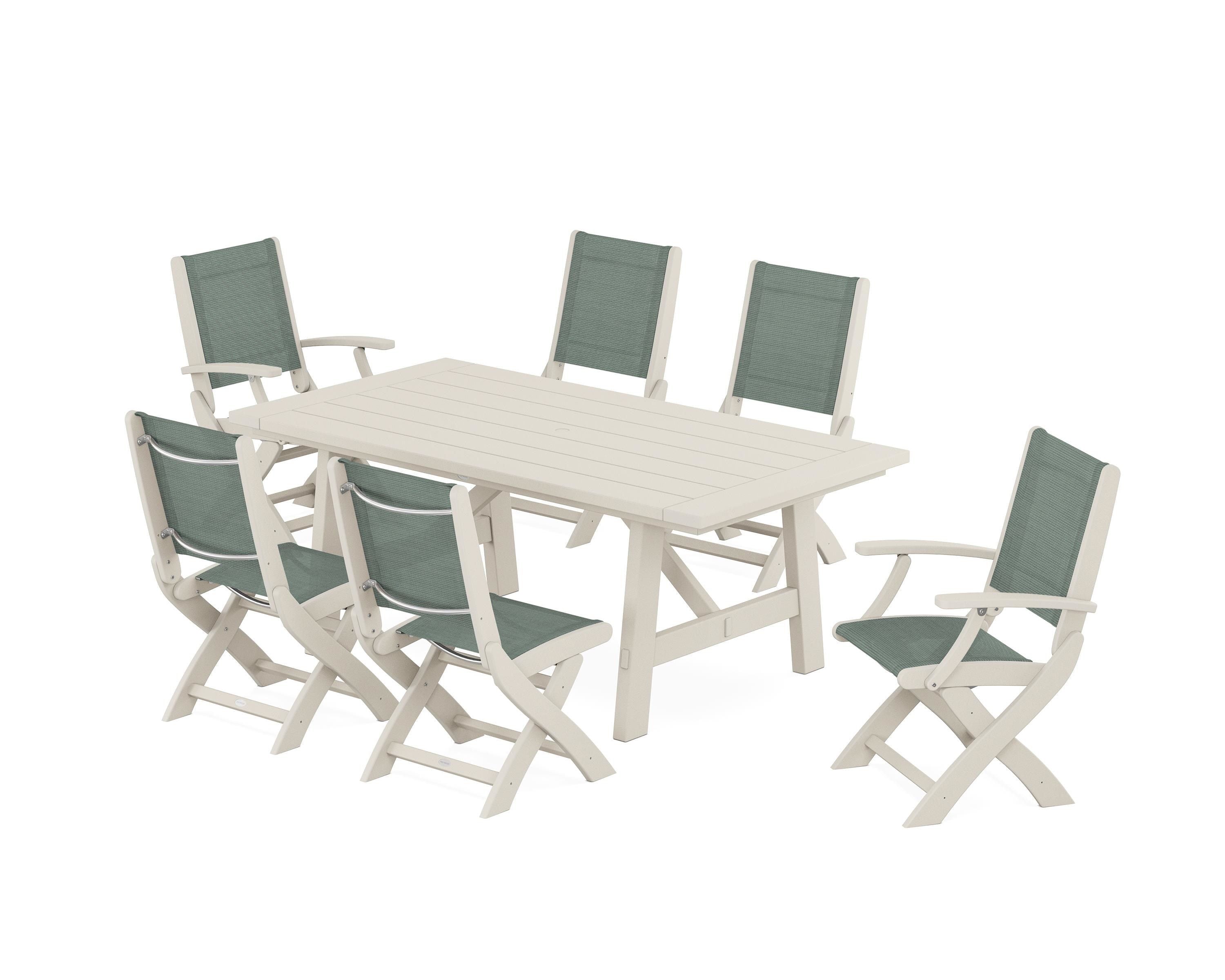 POLYWOOD® Coastal Folding Chair 7-Piece Rustic Farmhouse Dining Set in Sand / Dupioni Sea Mist Sling