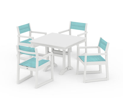 POLYWOOD® EDGE Sling 5-Piece Farmhouse Dining Set with Trestle Legs in White / Dupioni Aquamarine Sling