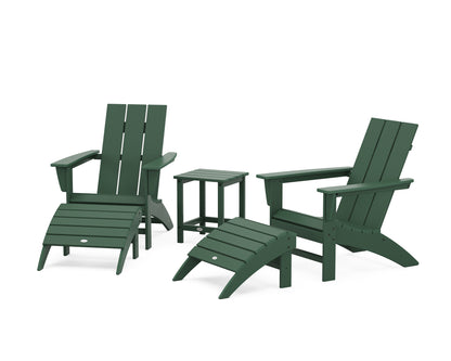 POLYWOOD® Modern Adirondack Chair 5-Piece Set with Ottomans and 18" Side Table in Green