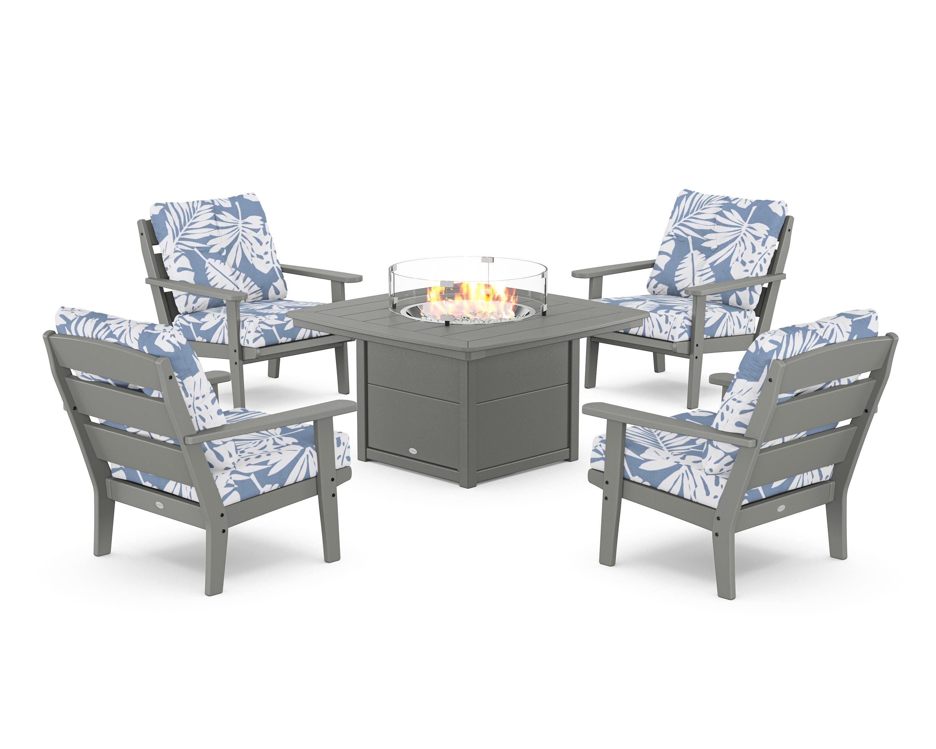 POLYWOOD® Lakeside 5-Piece Deep Seating Set with Nautical Fire Pit Table in Slate Grey / Leaf Sky Blue