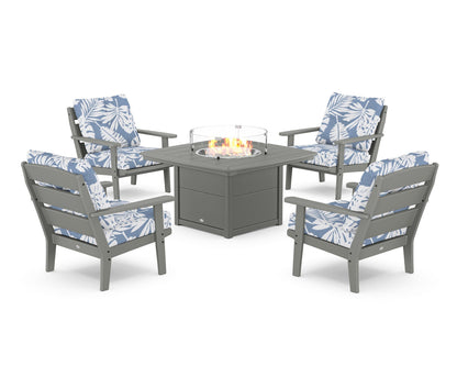 POLYWOOD® Lakeside 5-Piece Deep Seating Set with Nautical Fire Pit Table in Slate Grey / Leaf Sky Blue
