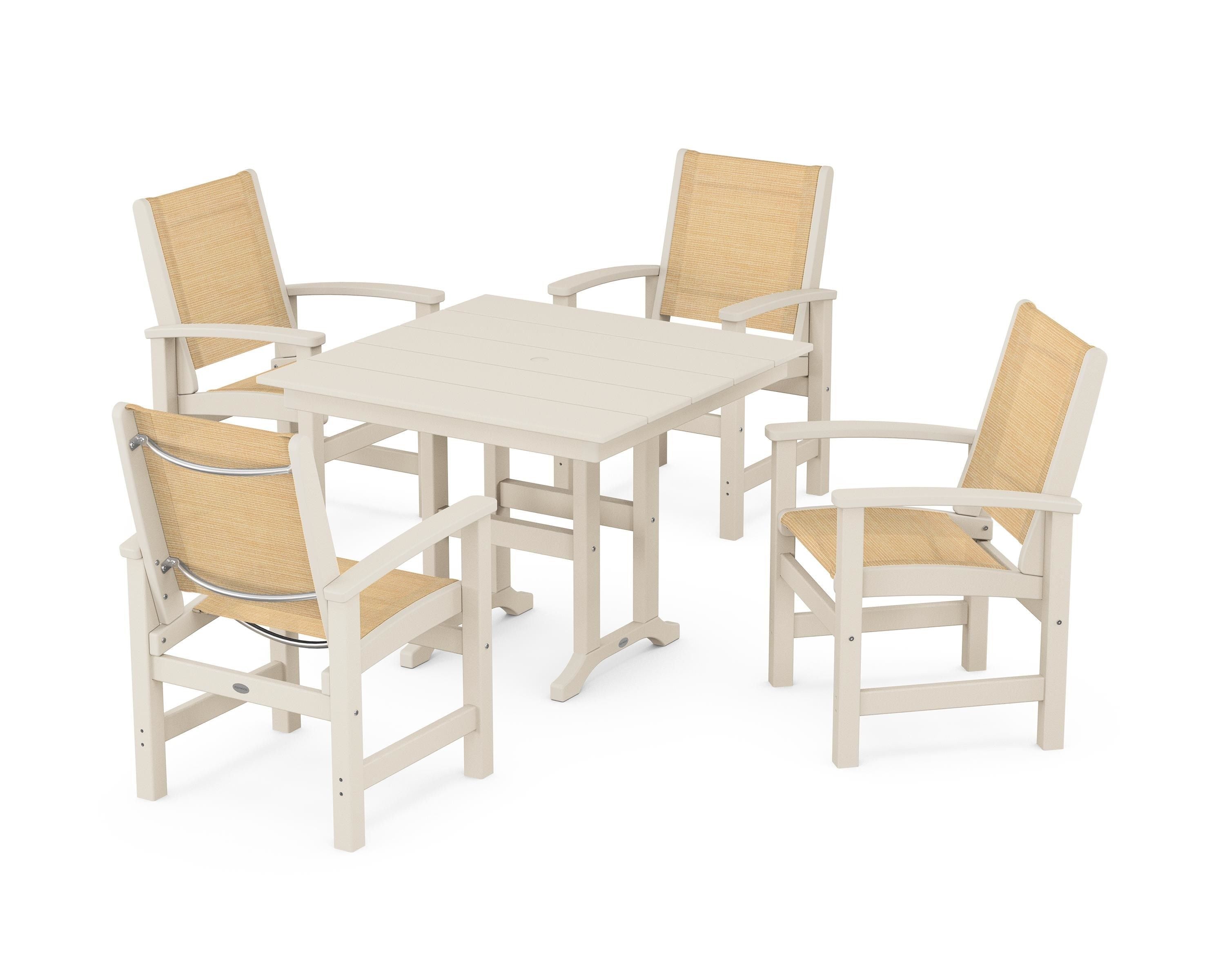 POLYWOOD® Coastal 5-Piece Farmhouse Dining Set in Sand / Dupioni Apricot Sling