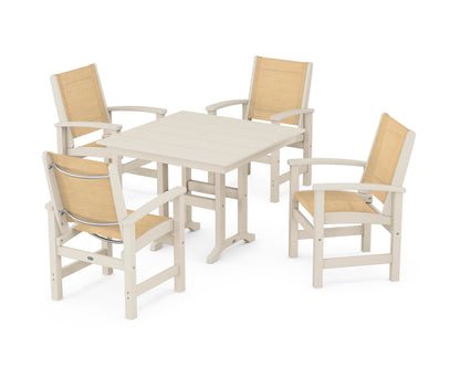 POLYWOOD® Coastal 5-Piece Farmhouse Dining Set in Sand / Dupioni Apricot Sling