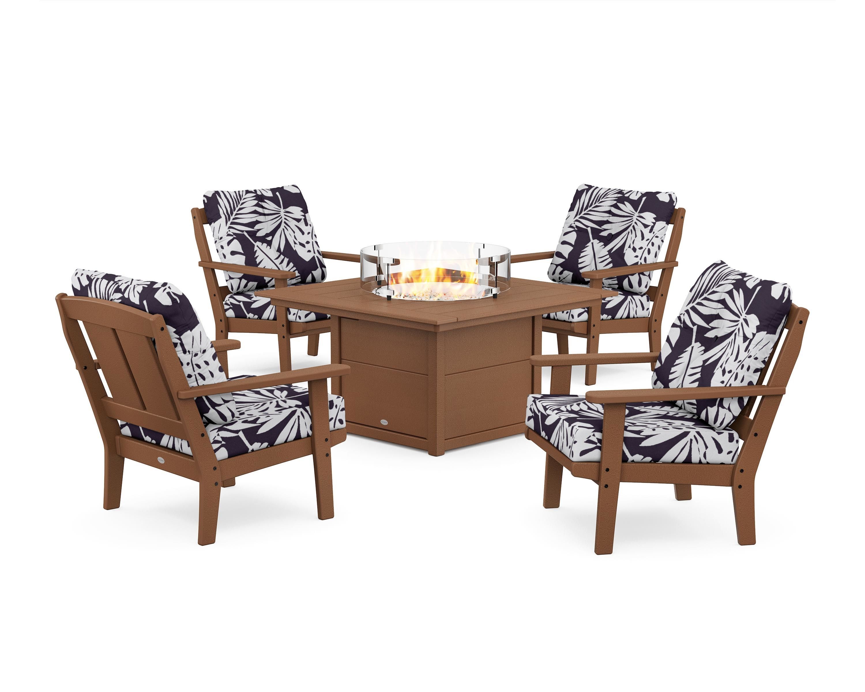 POLYWOOD® Mission 5-Piece Deep Seating Set with Fire Pit Table in Teak / Leaf Navy