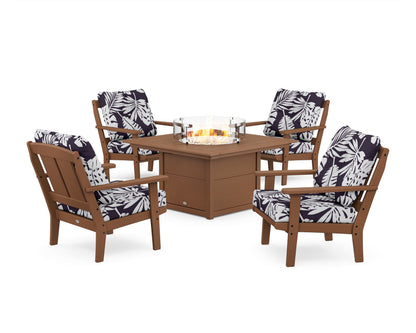POLYWOOD® Mission 5-Piece Deep Seating Set with Fire Pit Table in Teak / Leaf Navy