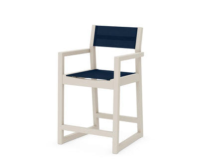 POLYWOOD® EDGE Sling Counter Arm Chair in Sand / Navy Blue Sling
