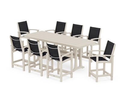 POLYWOOD® Coastal 9-Piece Farmhouse Counter Set with Trestle Legs in Sand / Black Sling
