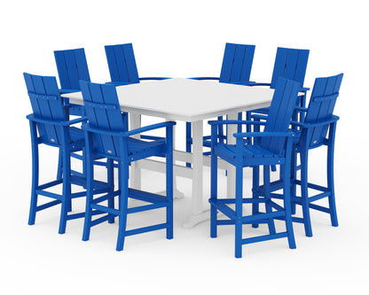 POLYWOOD® Modern Adirondack 9-Piece Farmhouse Trestle Bar Set in Pacific Blue / White