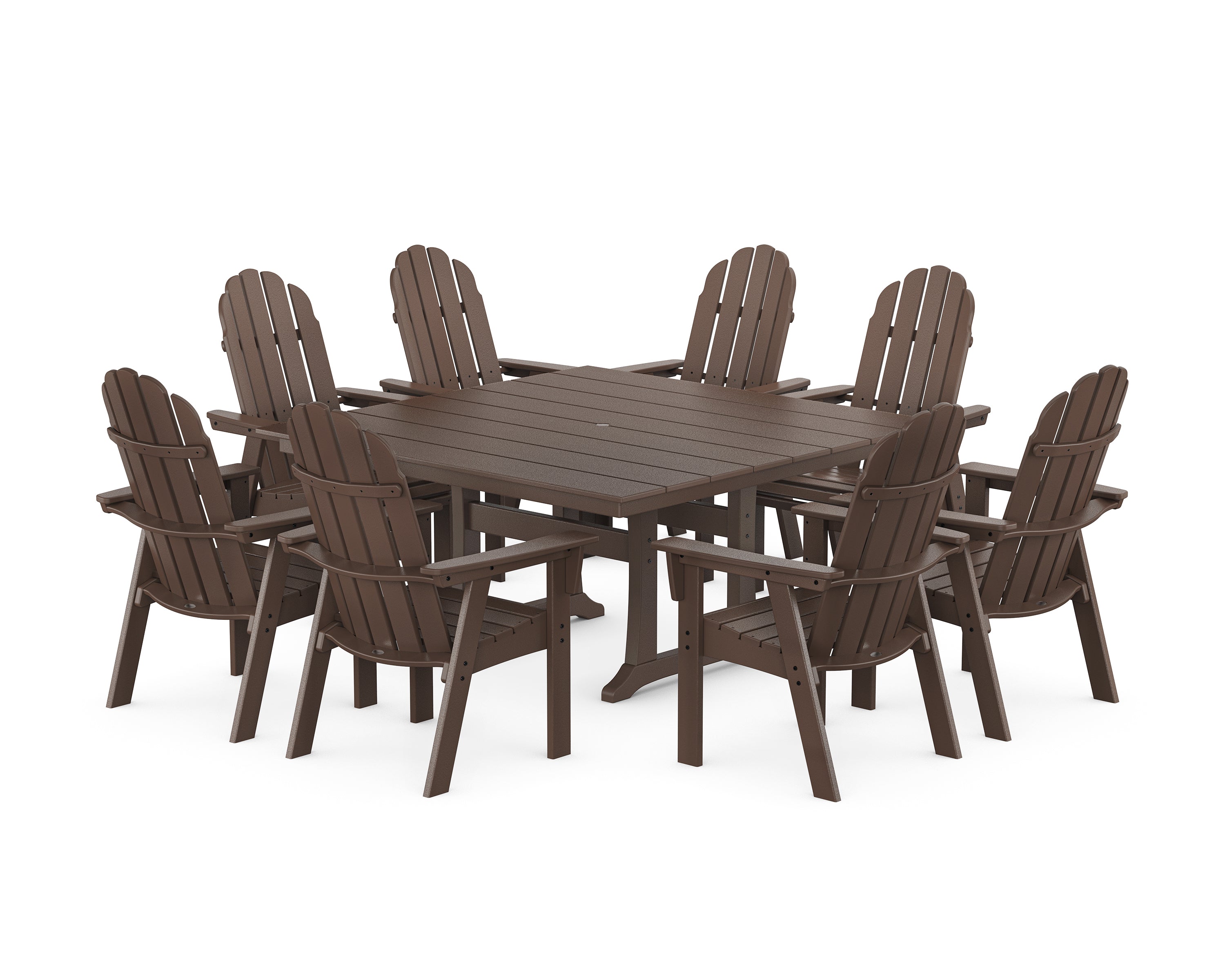 POLYWOOD® Vineyard Curveback Adirondack 9-Piece Square Farmhouse Dining Set with Trestle Legs in Mahogany