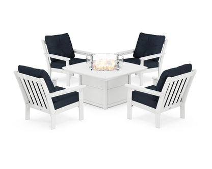 POLYWOOD® Vineyard 5-Piece Conversation Set with Fire Pit Table in White / Marine Indigo