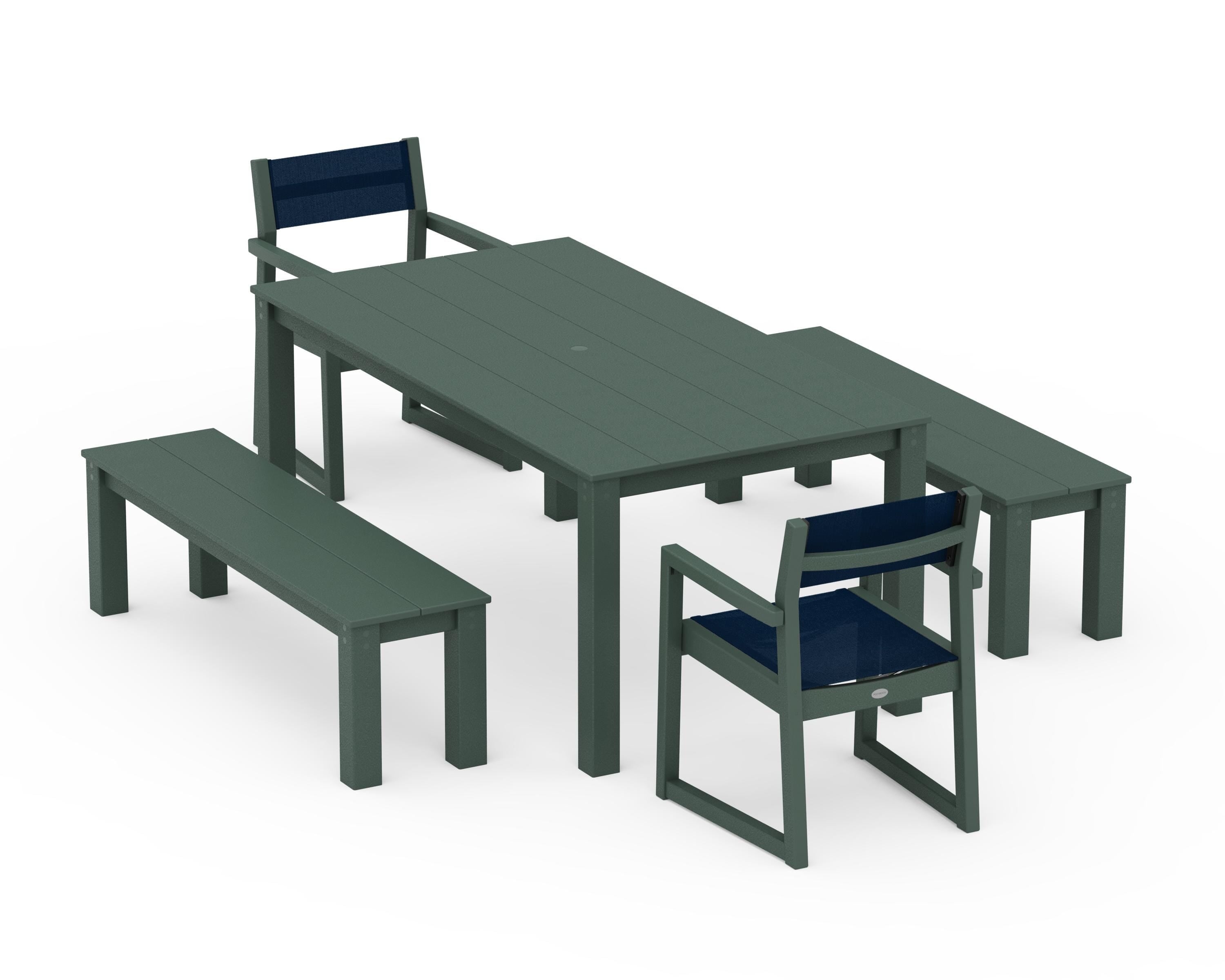POLYWOOD® EDGE Sling Arm Chair 5-Piece Parsons Dining Set with Benches in Green / Navy Blue Sling