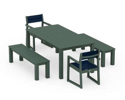 POLYWOOD® EDGE Sling Arm Chair 5-Piece Parsons Dining Set with Benches in Green / Navy Blue Sling