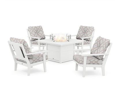 POLYWOOD® Prairie 5-Piece Deep Seating Set with Fire Pit Table in White / Trellis Dune Burlap