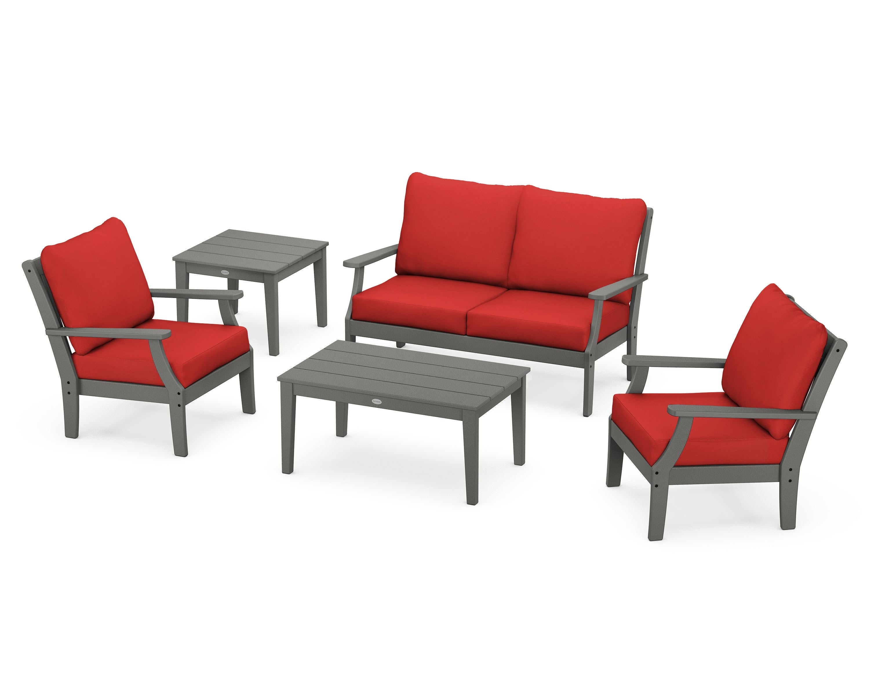 POLYWOOD® Braxton 5-Piece Deep Seating Set in Slate Grey / Crimson Linen