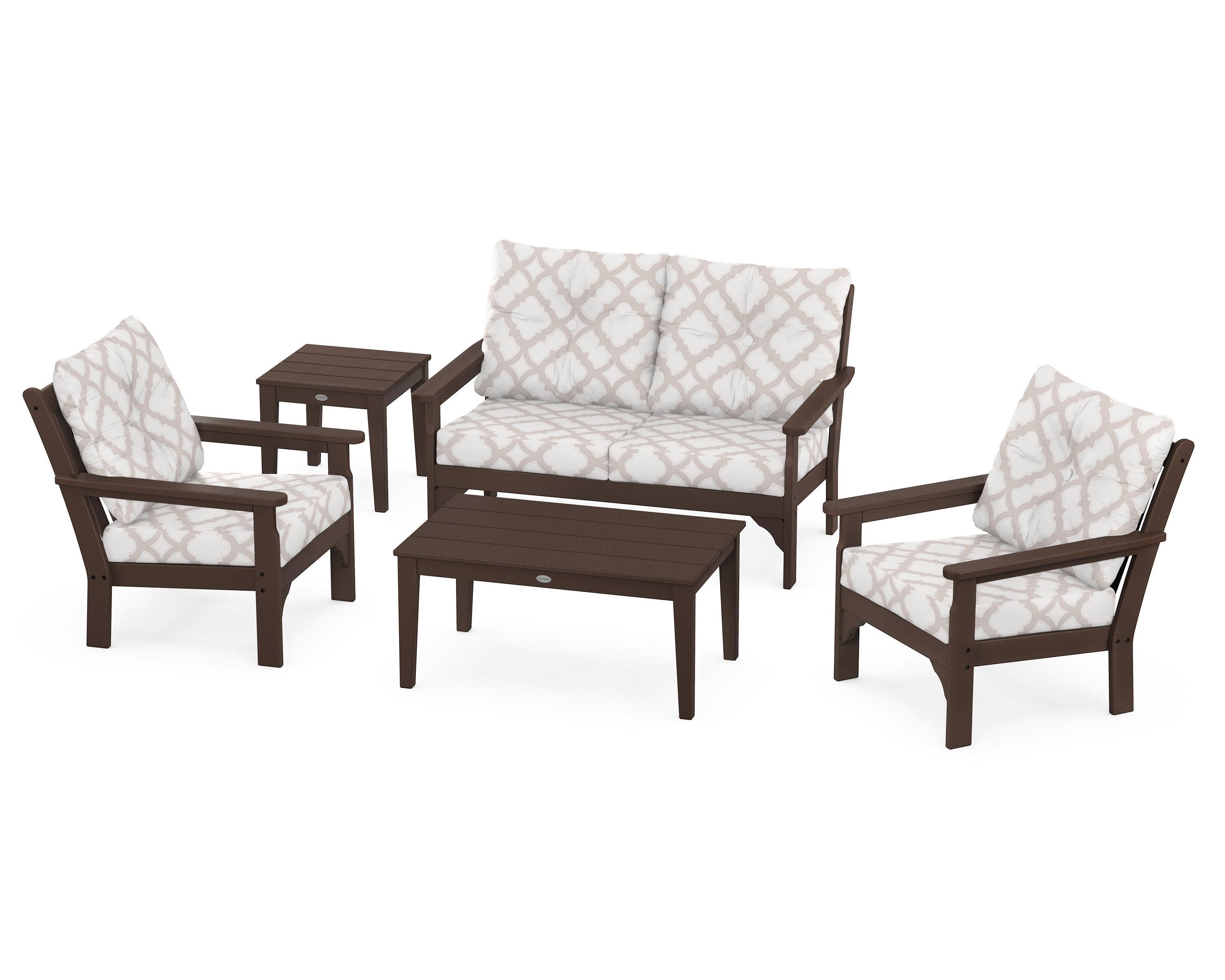 POLYWOOD® Vineyard 5-Piece Deep Seating Set in Mahogany / Trellis Dune Burlap