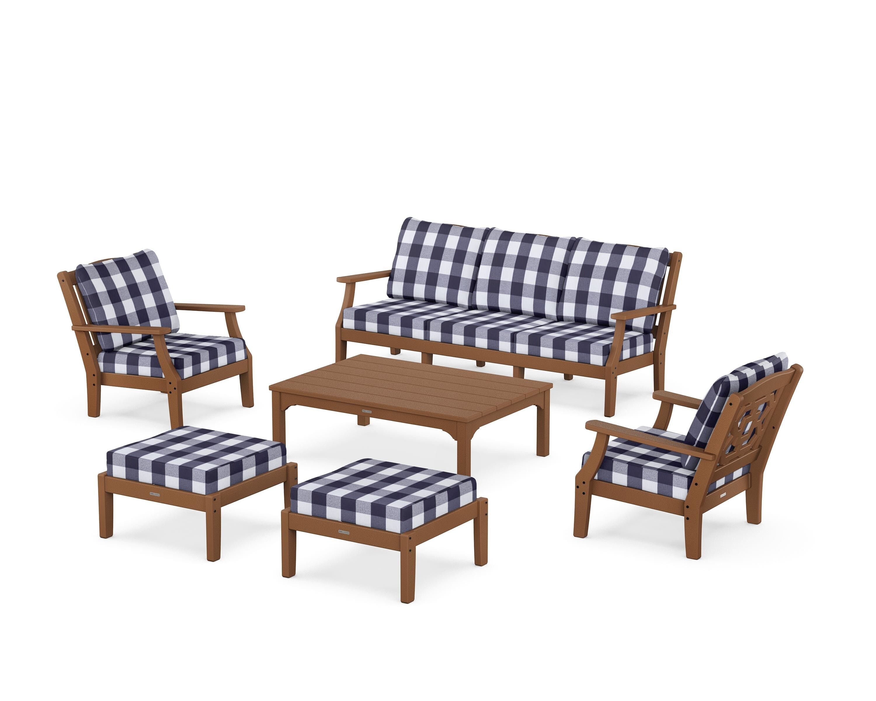 Martha Stewart by POLYWOOD® Chinoiserie 6-Piece Lounge Sofa Set in Teak / Buffalo Plaid Navy