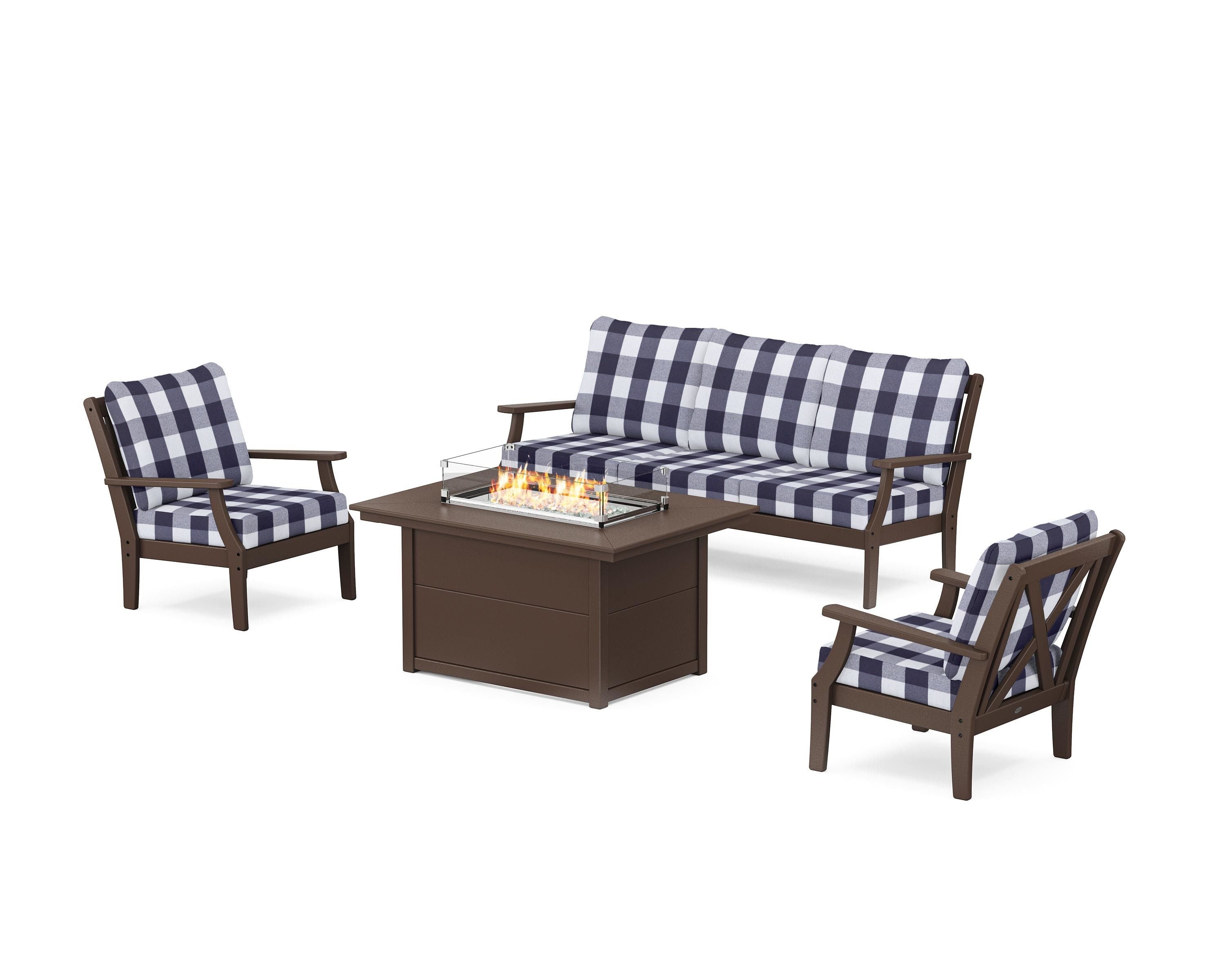 POLYWOOD® Braxton Deep Seating Fire Pit Table Set in Mahogany / Buffalo Plaid Navy