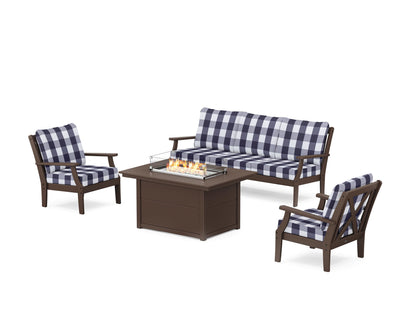 POLYWOOD® Braxton Deep Seating Fire Pit Table Set in Mahogany / Buffalo Plaid Navy