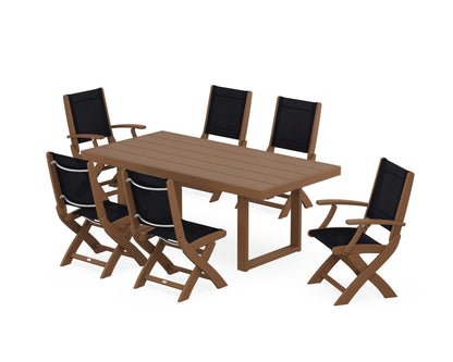 POLYWOOD® Coastal Folding Chair 7-Piece Dining Set with Trestle Legs in Teak / Black Sling