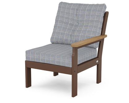 POLYWOOD® Vineyard Modular Right Arm Chair in Mahogany / Natural / Houndstooth Sky Blue