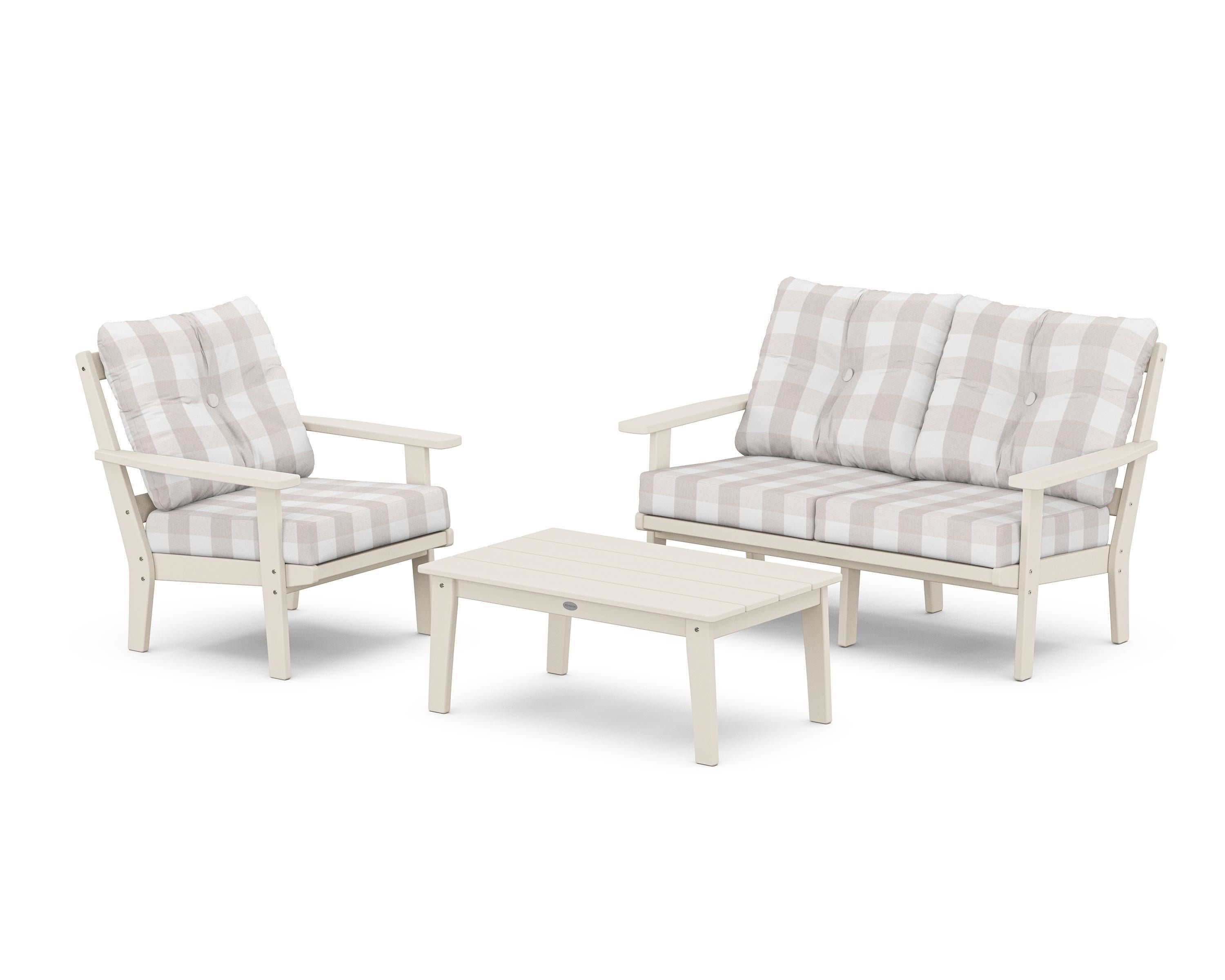 POLYWOOD® Oxford 3-Piece Deep Seating Set with Loveseat in Sand / Buffalo Plaid Dune Burlap