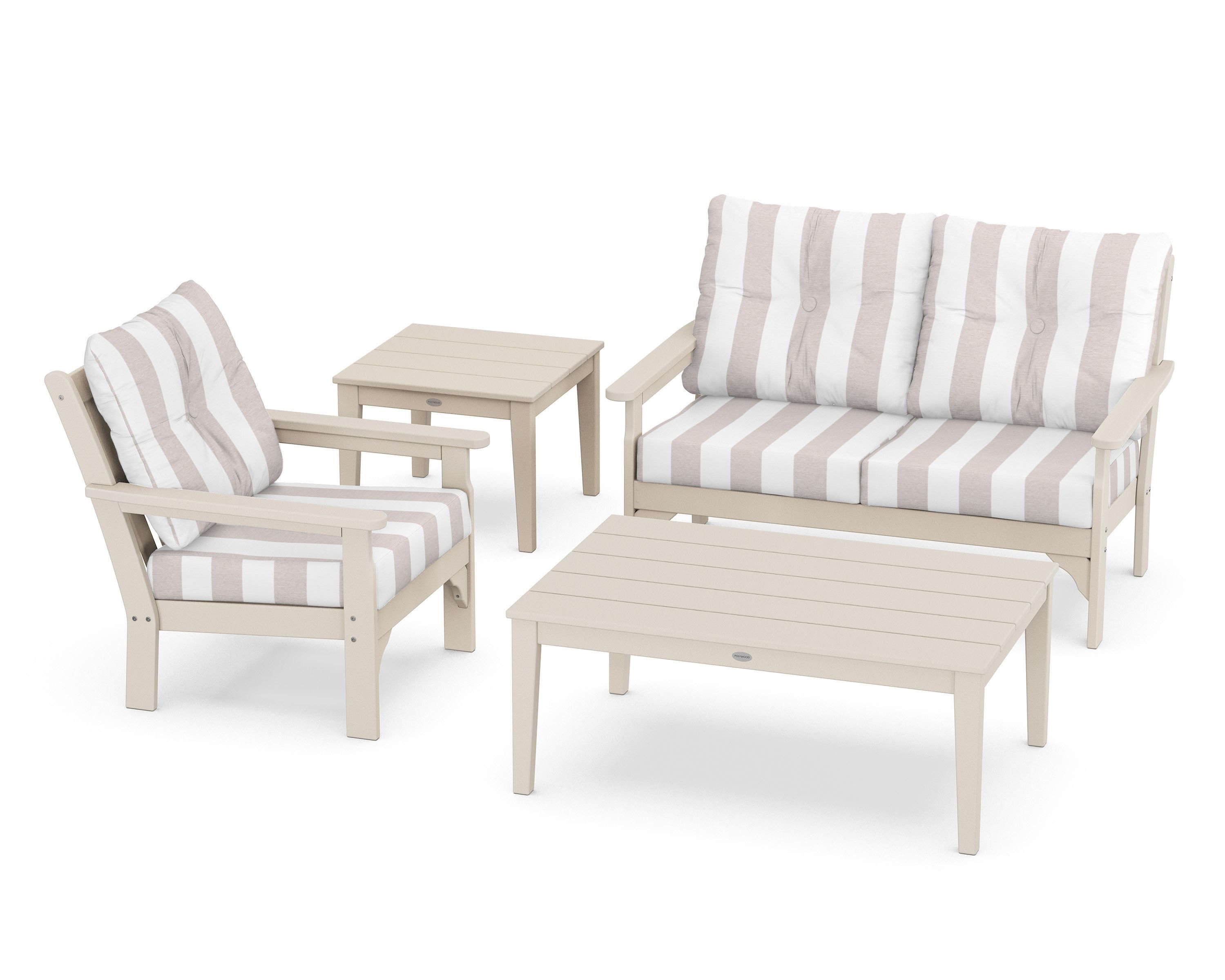 POLYWOOD® Vineyard 4-Piece Deep Seating Set in Sand / Cabana Stripe Dune Burlap