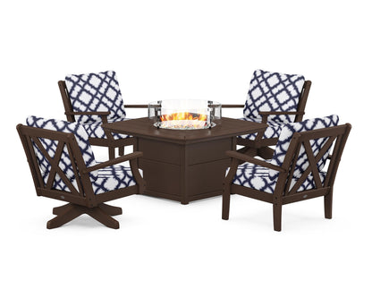 POLYWOOD® Braxton 5-Piece Deep Seating Set with Fire Table in Mahogany / Trellis Navy