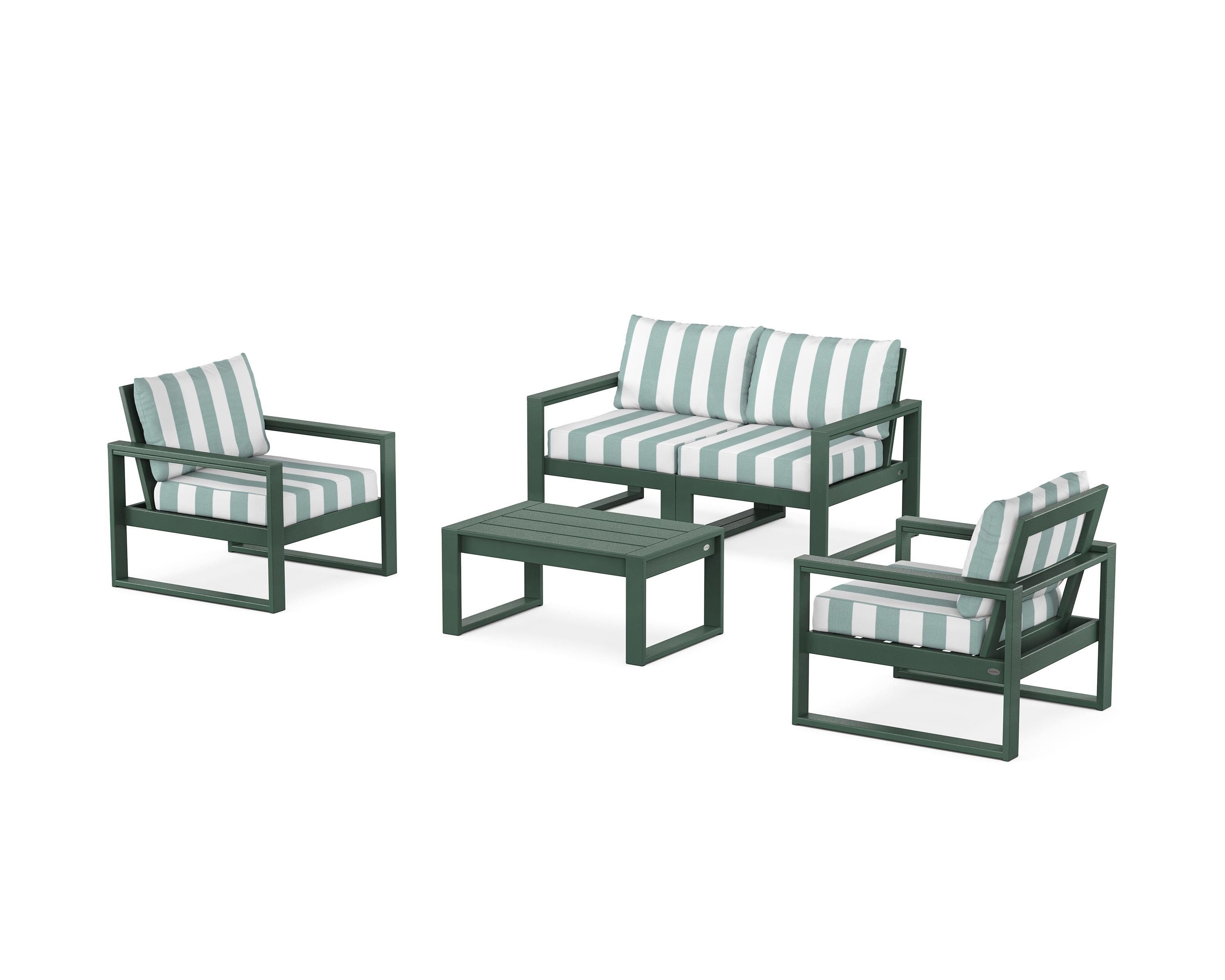 POLYWOOD® EDGE Sectional 4-Piece Deep Seating Set with Loveseat in Green / Cabana Stripe Glacier Spa