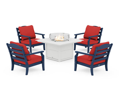 Draper James™ by  POLYWOOD® Savannah 5-Piece Deep Seating Set with Fire Pit Table in Navy / Crimson Linen