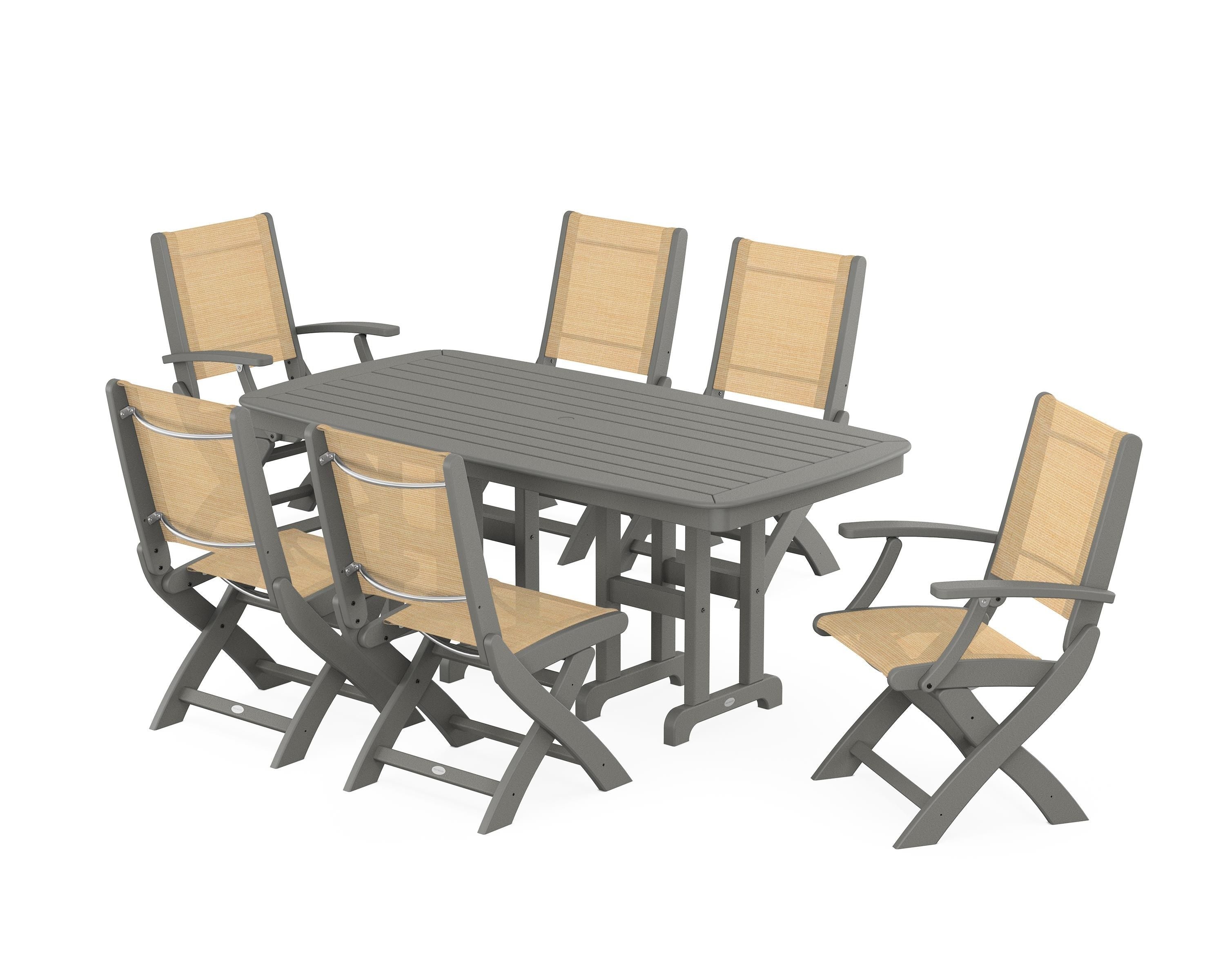 POLYWOOD® Coastal Folding Chair 7-Piece Dining Set in Slate Grey / Dupioni Apricot Sling