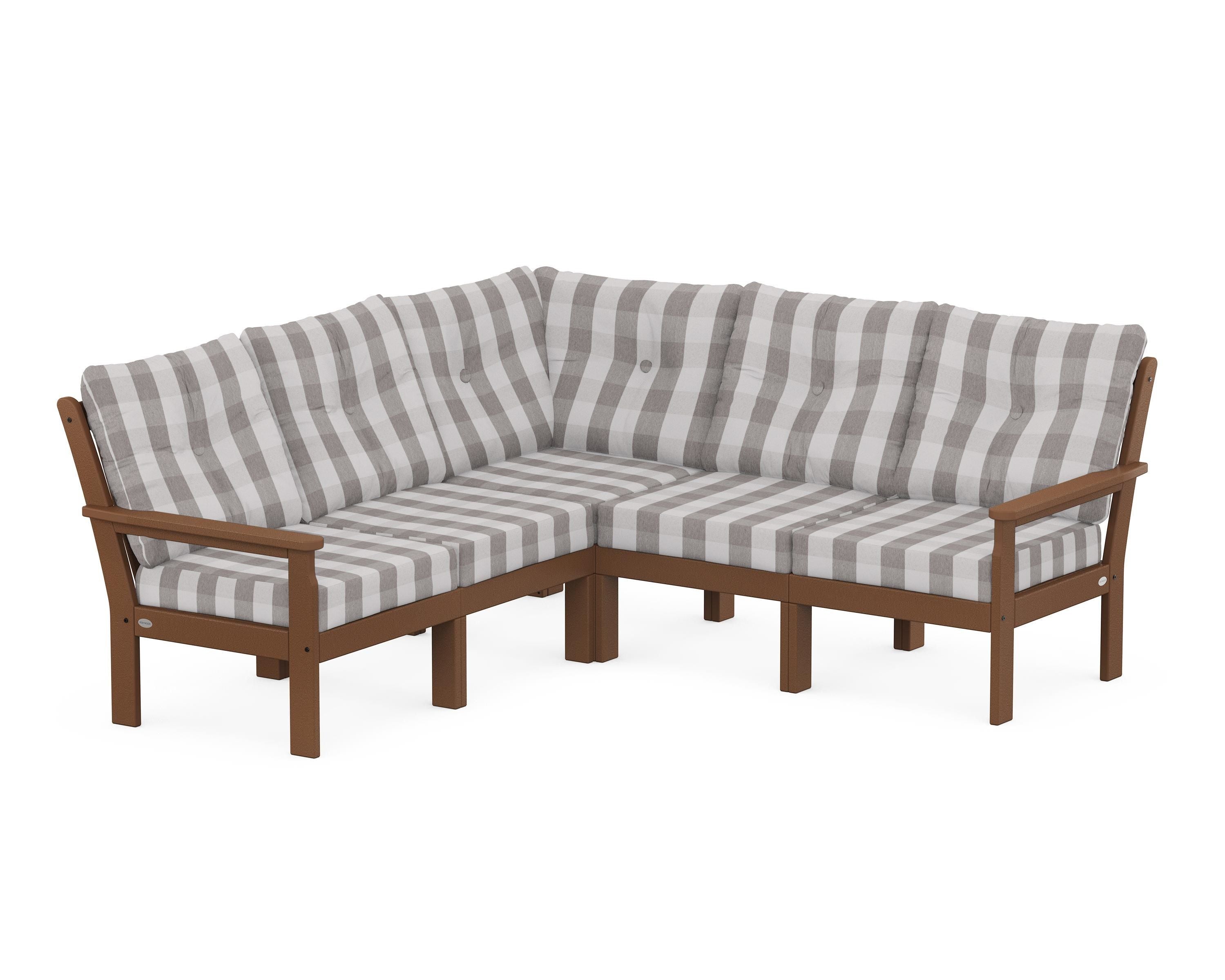 POLYWOOD® Vineyard 5-Piece Sectional in Teak / Buffalo Plaid Grey Mist